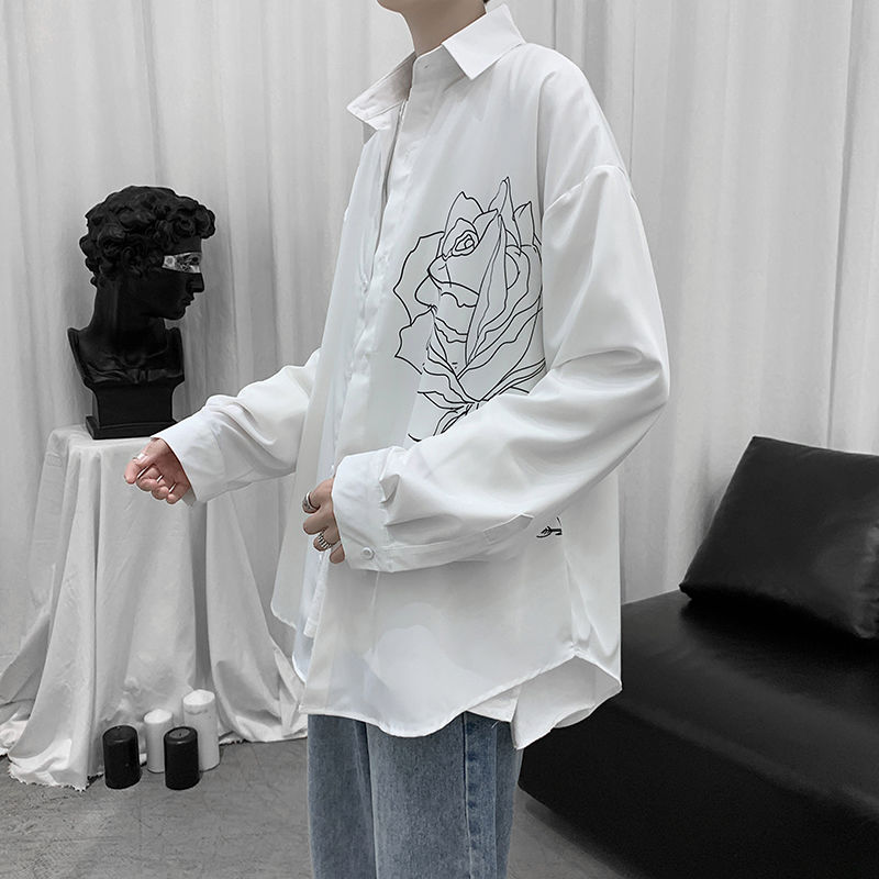Homme chemises imprimé Simple tourner vers le bas col Simple boutonnage décontracté ample hauts pour hommes stylé tout-match Ulzzang Chic Streetwear homme