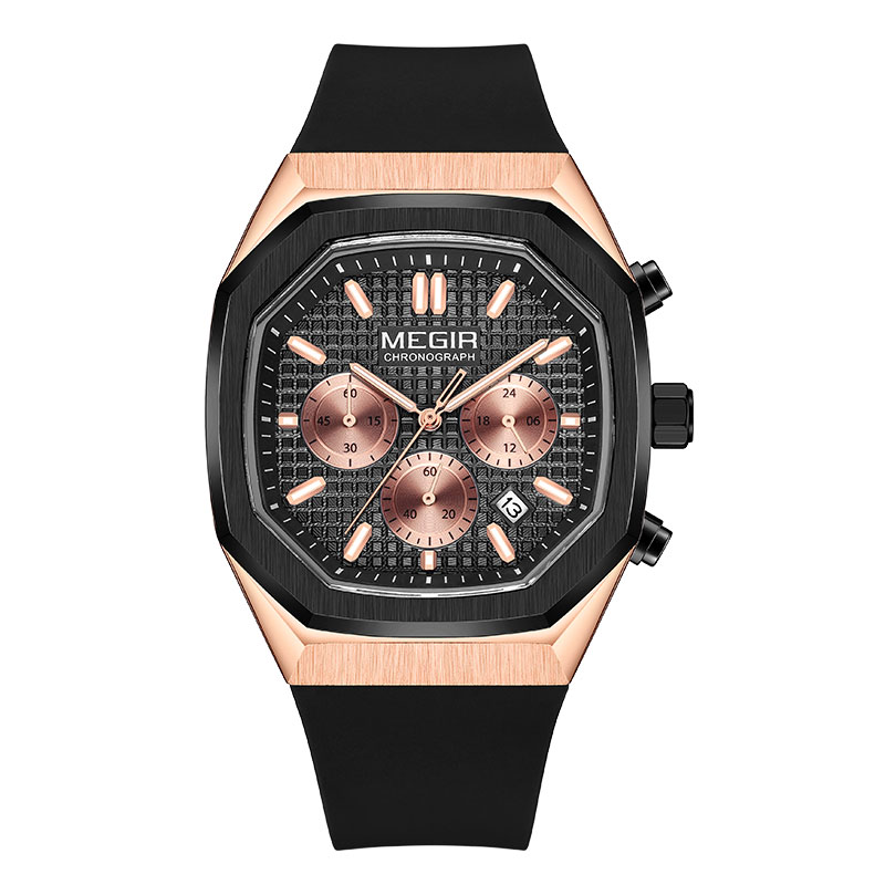Megir heren waterdicht horloge met achthoekige wijzerplaat, chronograaf, quartz polshorloge met olijfgroene siliconen band, datumweergave en lichtgevende wijzers 2215: Blauw