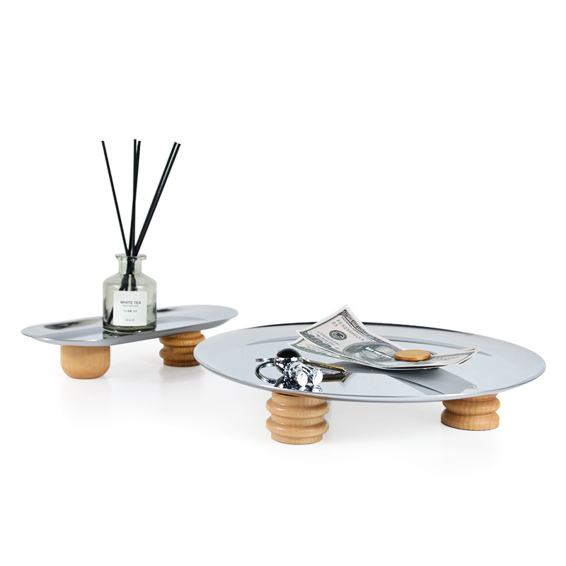 Bandeja de almacenamiento de hierro, soporte de exhibición de placa decorativa de pies altos de madera, bandejas decorativas de joyería, sala de estar, cocina, almacenamiento