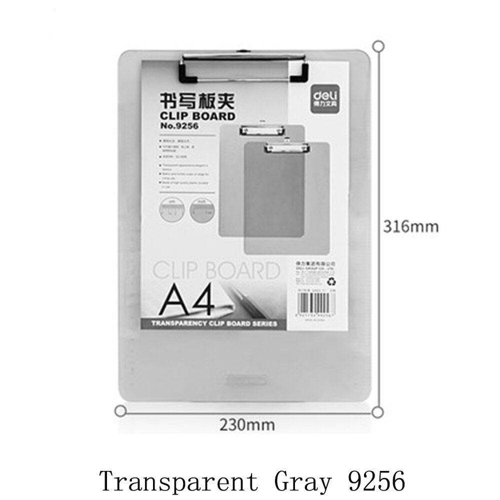 Deli A4 Map Schrijfbord Klem Pad Plaat Clip Kartonnen Student Test Papier Multifunctionele Opknoping Workshop Kantoorbenodigdheden: Transparent Gray