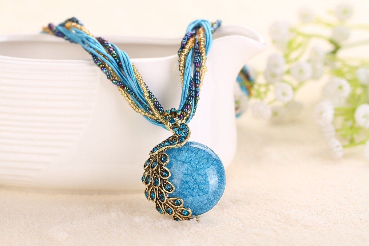 Della lega Del Pavone Accessori Multi Colore Collana Della Boemia di Personalità di Esagerazione Della Collana di Modo Dropshipping: turquoise blue