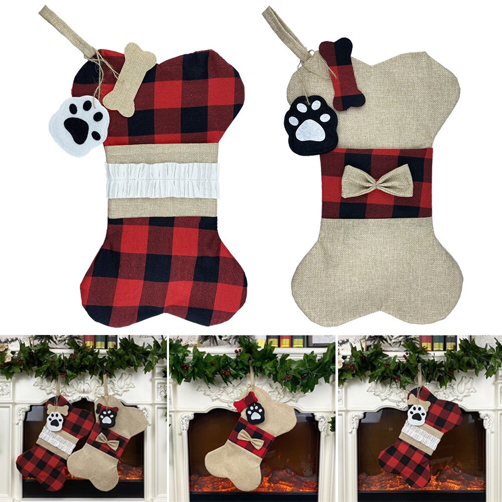 Kerst Kousen Bag Jute Plaid Bone Vormige C Opknoping Xmas Sokken Snoepzak Feestartikelen J2Y