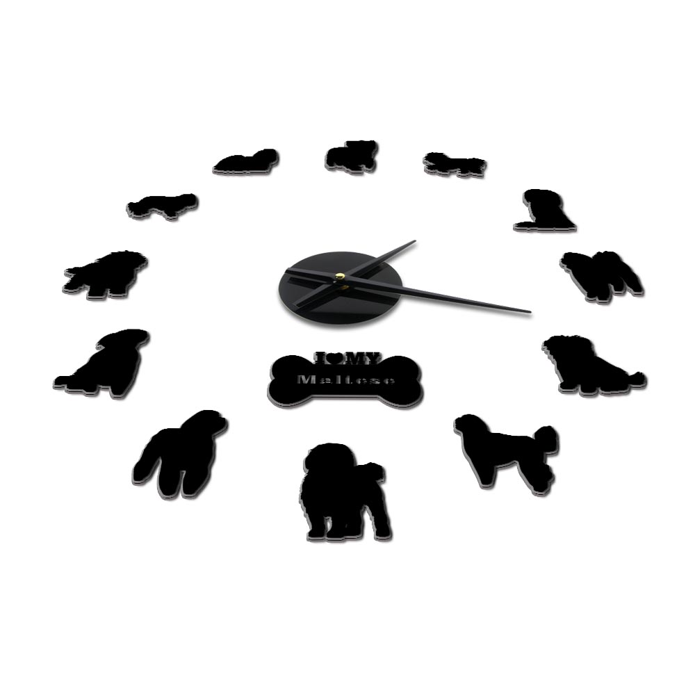 Maltese Hond Ras Frameloze 3D Diy Wandklok Kunstmatige Leuke Puppy Maltese Yorkie Terrier Mute Muur Horloge Voor Pet minnaar