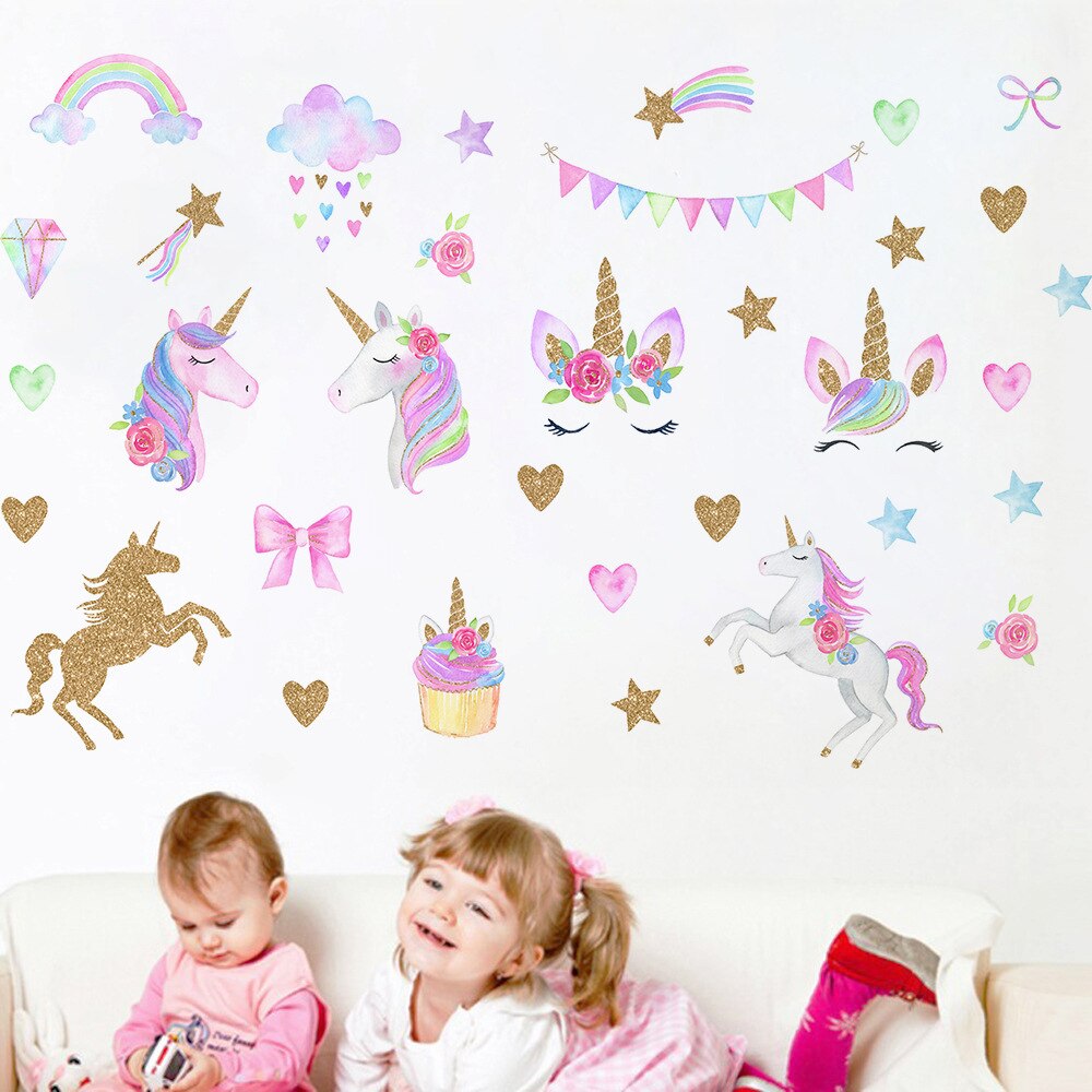 Tegneserie søde gyldne enhjørning sky stjerne regnbue pvc væg klistermærker vægbilleder til stue baby pige børn soveværelse hjem indretning