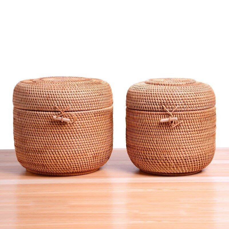 Rattan storage box with lid round shape handmade jewelry boxes organizer Vietnam Rattan weaving tin for puerh tea food best