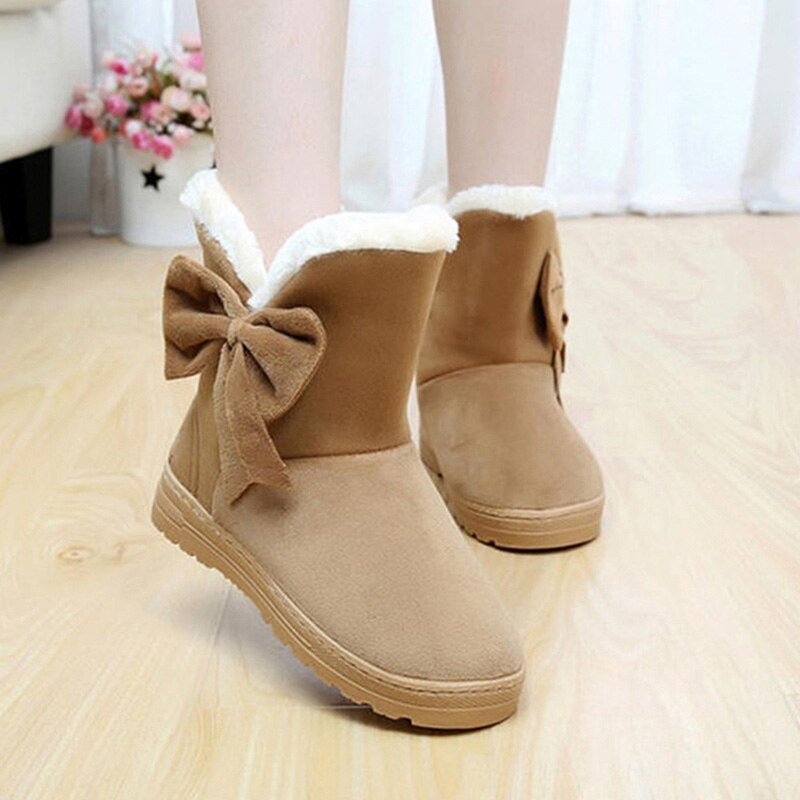 femmes bottes de neige hiver fourrure bottines femme noeud papillon plus en peluche daim caoutchouc plat sans lacet plate-forme dames chaussures