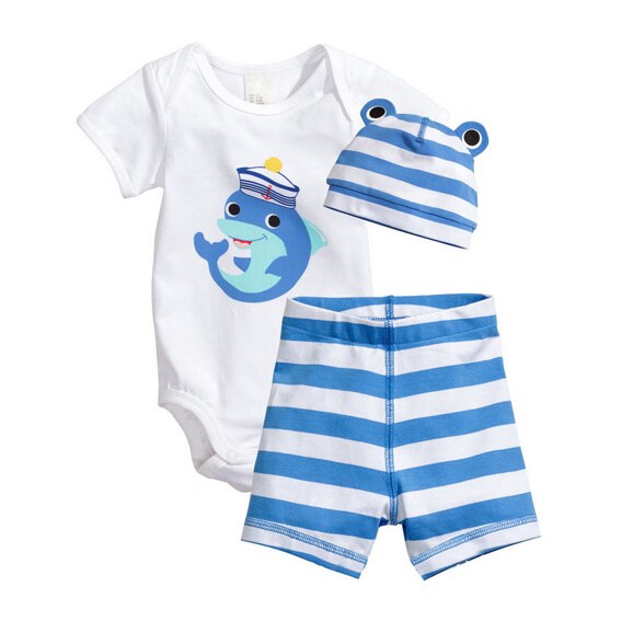 Babykleding voor jongens en meisjes, zomerpakje, rompertjes met dierenprint, gestreepte shorts met hoed, 3 sets babykleding, jumpsuits en jumpsuits
