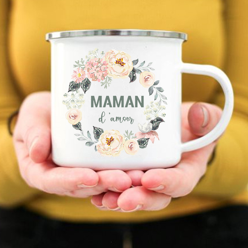Tasses à café imprimées à fleurs françaises pour Maman, tasse créative pour boissons, eau et lait, en émail, poignée de maison, articles pour boissons, meilleurs pour mères