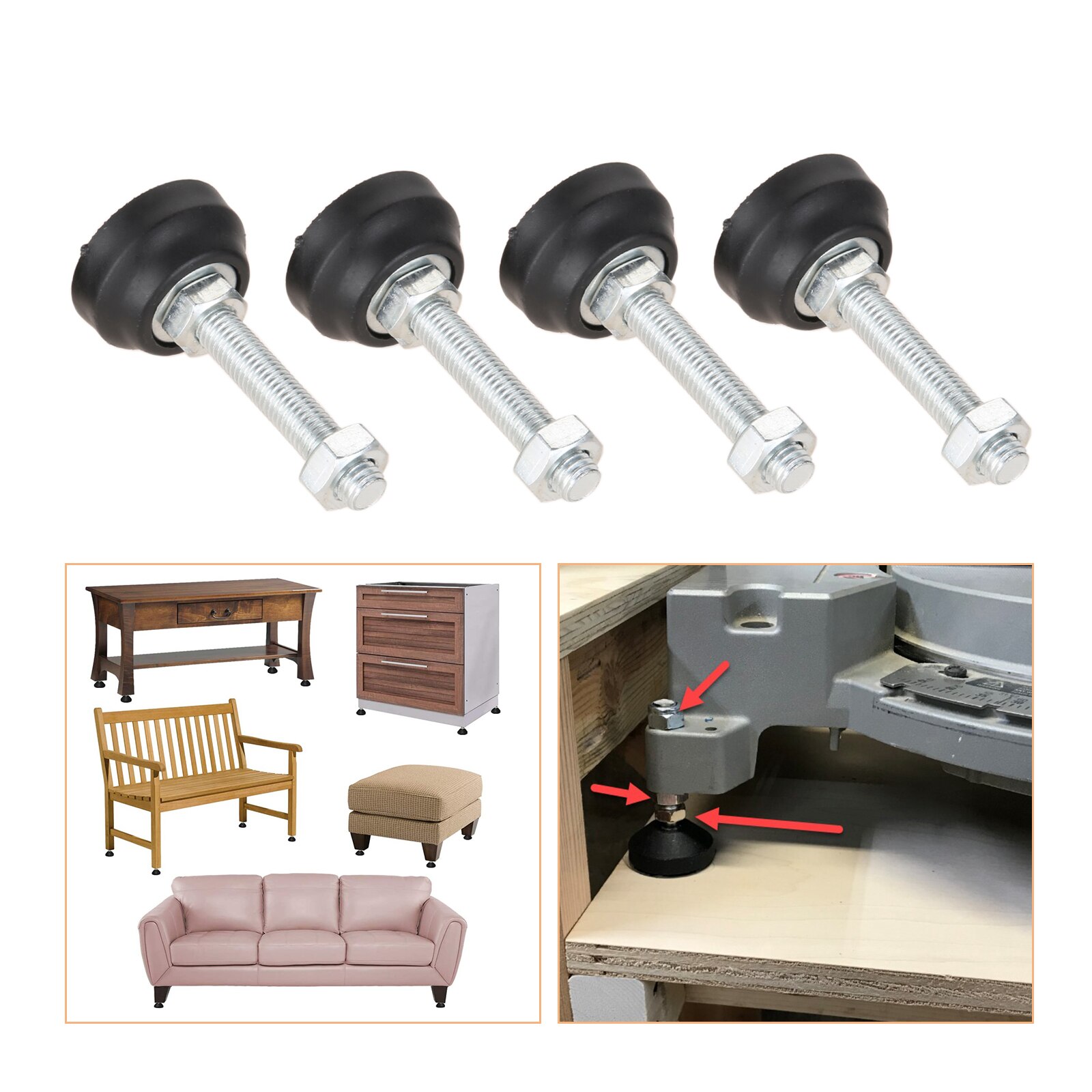 4pcs/set Adjustable Furniture Foot Thread Nylon Metal Glide Leveling Feet M8 M10 M12 Dia. 40/50mm Guard Pad Universal Support