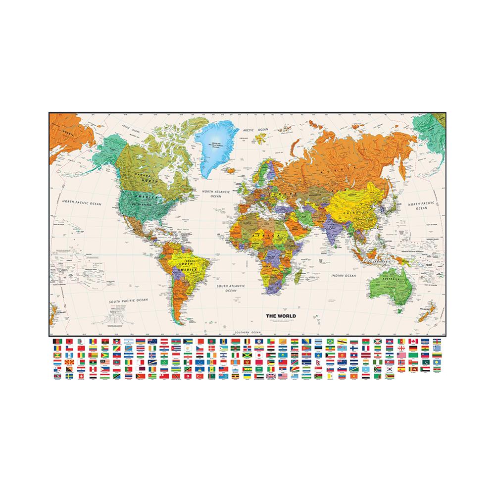 150X225 Cm De Wereld Fysieke Kaart Met Nationale Vlag Voor Onderwijs En Cultuur Non-woven Spray Wereld kaart