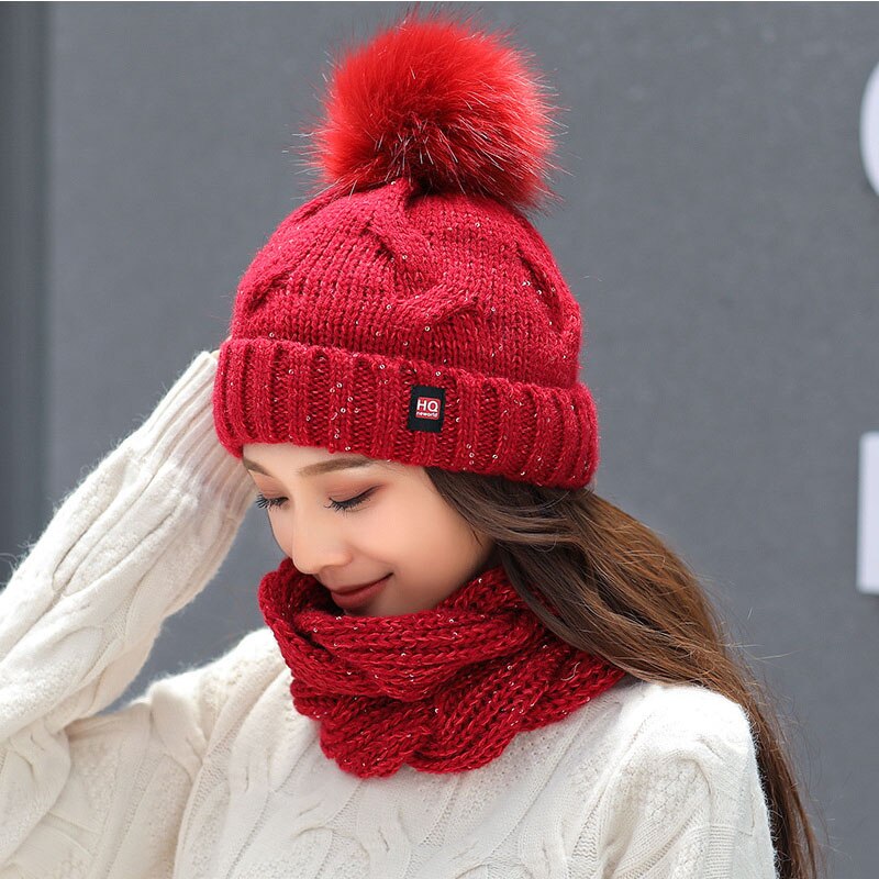 Strikket vinter hat og tørklæde sæt kvinder tykke varme beanies hat tørklæde kvinde til piger pom pom beain hatte ensfarvet: Rød
