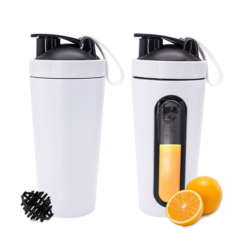 1Pc 700Ml Rvs Sport Water Mokken Shaker Flessen Met Schaal, outdoor Gym Fitness Schudden Cup Eiwitpoeder Mixer Fles: WHITE