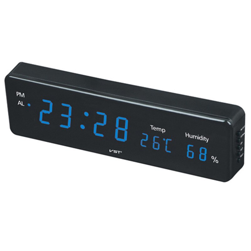 Home Electronic Led Digital Wall Clock With Thermometer and Hygrometer Office Display Living Room Alarm Clock European Plug: Blue