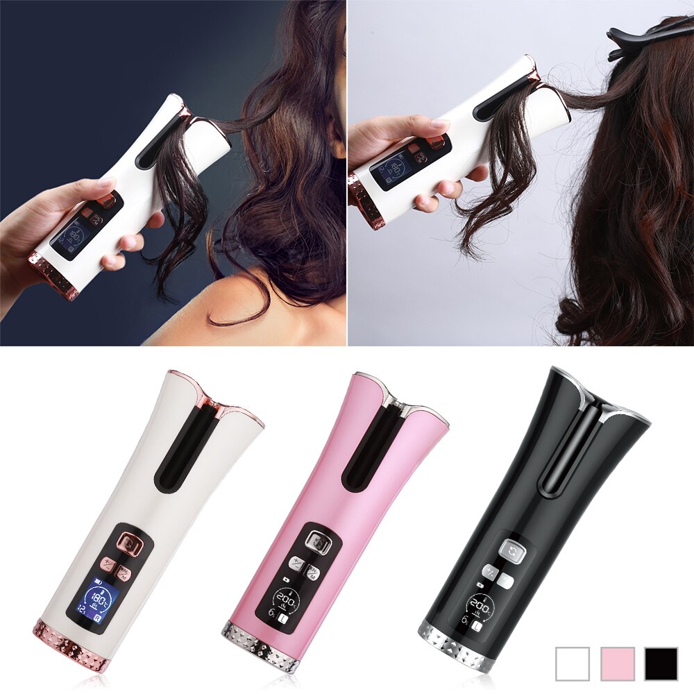 Rizador de pelo automático inalámbrico, rizador de aire recargable por USB para rizos y ondas, rizador rotatorio de cerámica con pantalla LCD