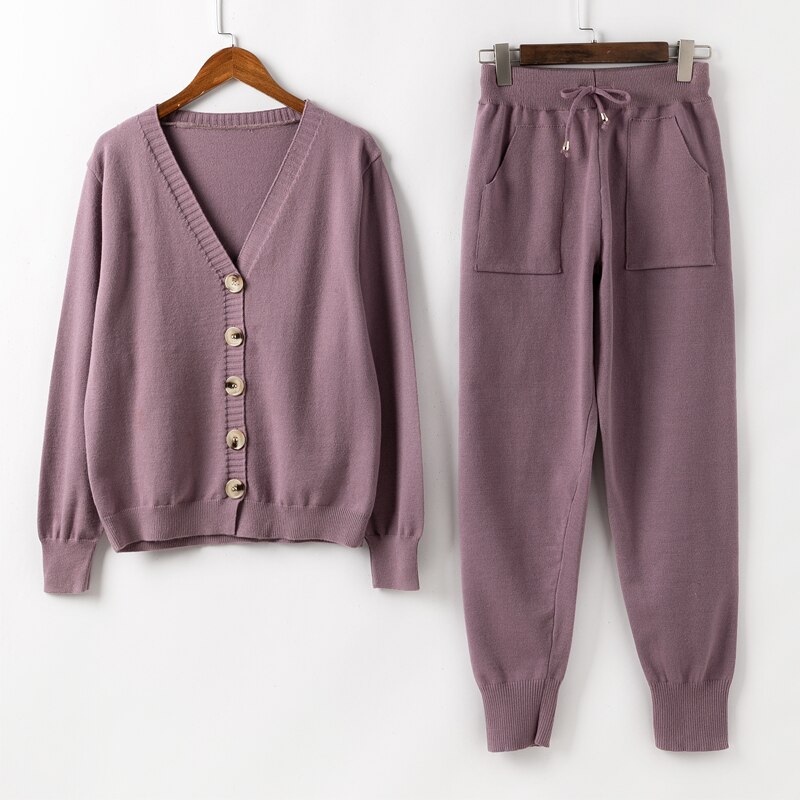 Autumn Women Knitted Tracksuit Turtleneck Sweater Casual Outfit Female Winter 2 Piece Set Knit Top Pants Sporting Suit