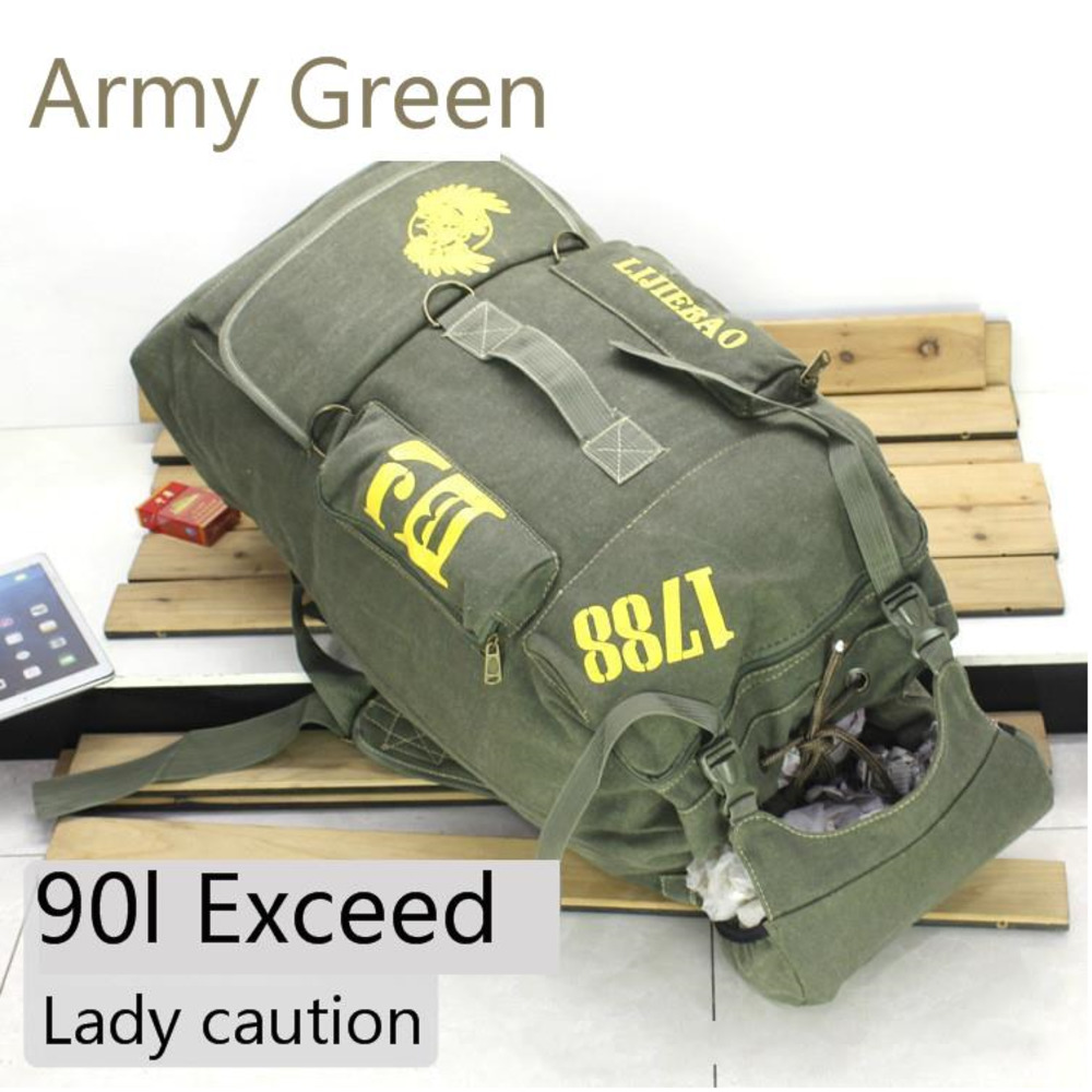 90l men large capacity Canvas Outdoors Shoulders bagpack Leisure Travel Super Mountaineering Camp Backpack Male Luggage tote Bag: Army Green