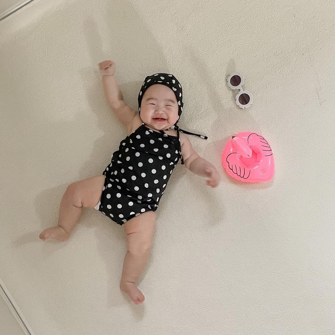 Été -Né Bébé Garçon En Coton À Pois Mignon Maillot De Bain Sans Manches Bébé Fille Fronde Mince Doux -Né Maillots De Bain Avec Chapeau