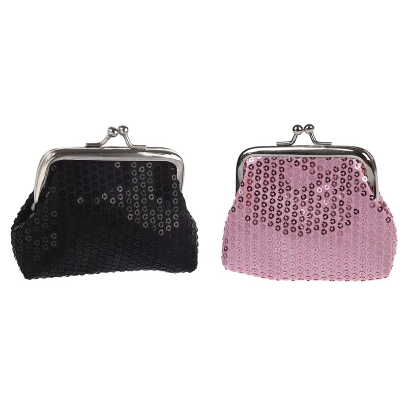FGGS-2pcs Vrouwen Pailletten Portemonnee Gesp Mini Wallet-Zwart & Roze