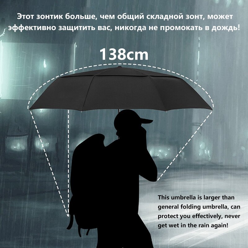 Grand parapluie automatique pour hommes et femmes, 125cm, résistant au vent, Double couche 3 pliable, parapluie de Golf, pluie et voyage