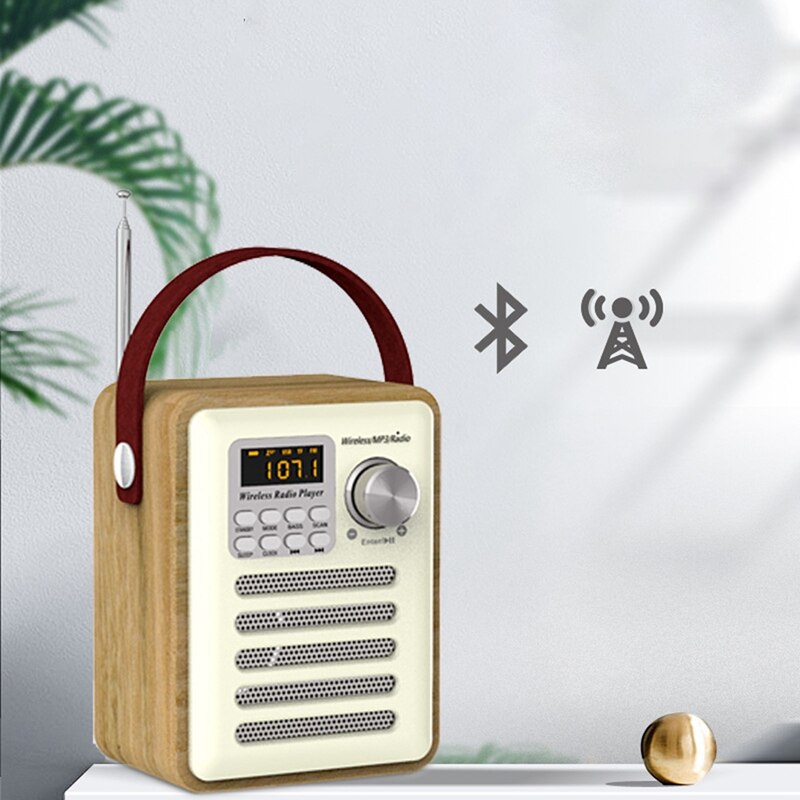 Fm -radio retro puinen laatikkoradio kahvalla, bluetooth -kaiutintoiminnolla