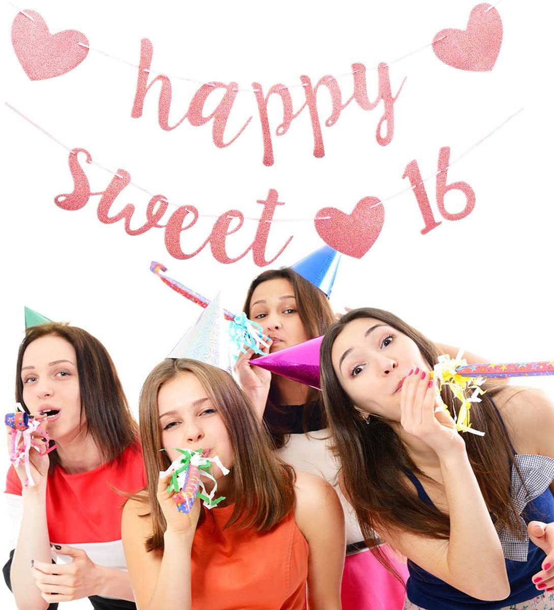 Rose Gold Happy Sweet 16th Birthday Party Banner Girl 16th Theme Birthday Party Background Wall Arrangement Party Decor Banner