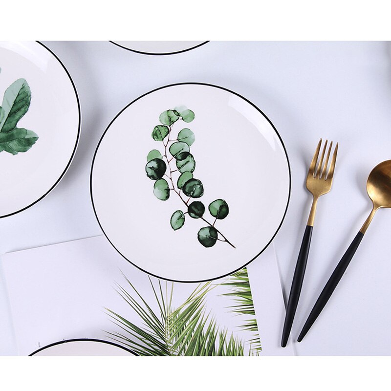 8 tum runda gröna blad keramiska middag tallrik set köksredskap efterrätt fruktsallad tallrik servis kaka tallrik västerländsk mat