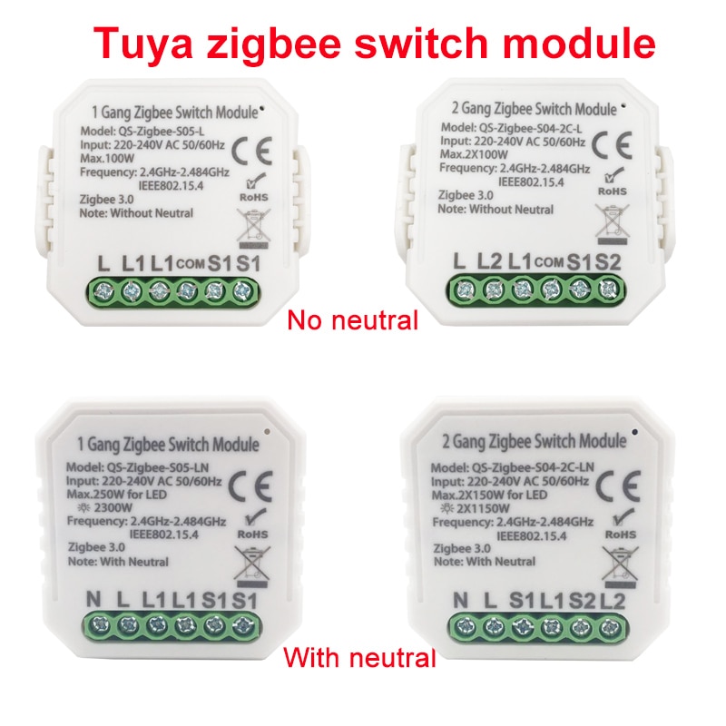 Lonsonho smart tuya zigbee switch relæmodul med / ingen neutral 1 2 gang 2- vejs trådløs kontrol kompatibel alexa google hjem