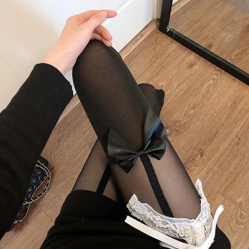 Pantimedias sexys de nailon para mujer, medias con lazo, Lolita, pantimedias de rejilla sin costuras, medias femeninas de estilo japonés, negro: Beige