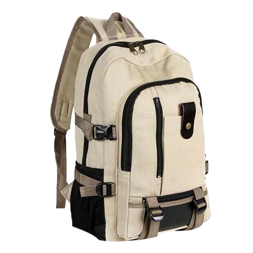 Mænd enkel dobbelt skulder lærred rygsæk skoletaske vandretur fritid høj kapacitet rygsæk  #t2g: Khaki