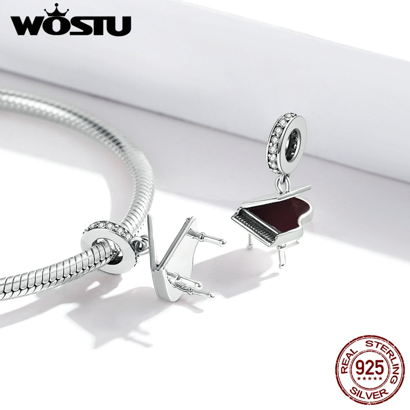 Wostu nowe amulety 925 srebro proste fortepian wisiorek instrument muzyczny koraliki dopasowanie bransoletka naszyjniki DIY biżuteria FIC1733