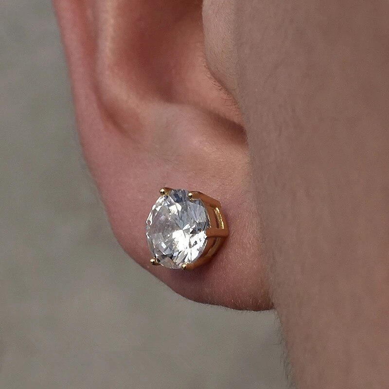 Pendientes clásicos de lujo para hombre, aretes redondos de cristal de Color dorado, joyería de Hip Hop, pendientes de piedra de circonita blanca para hombre