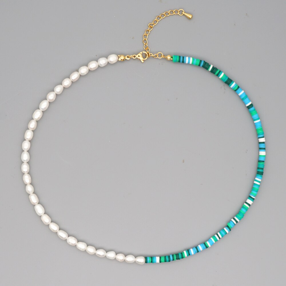 Go2 boho zoetwaterparels kettingen voor dames, sieraden van polymeerklei, heishi, 4mm kralen, handgemaakte choker, roestvrijstalen ketting: Zz -n200033d