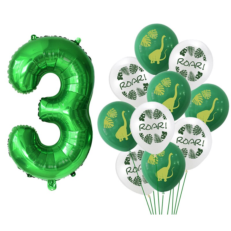 11Pcs Green Foil Number Balloons Dinosaur Latex Balloon Kids Jungle Theme Birthday Safari Forest Party Decorations Baby Shower