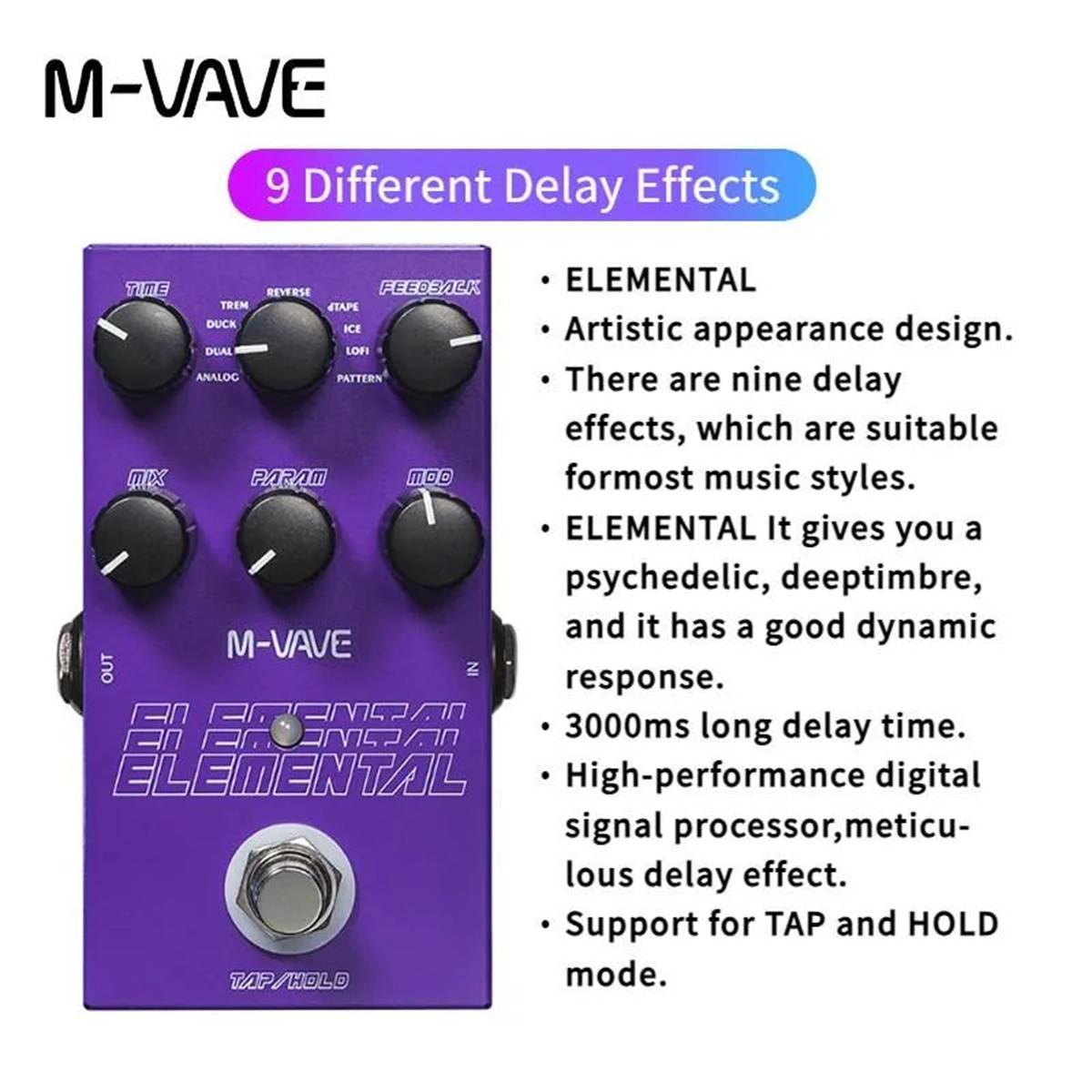M-vave elemental digital delaypedal, delay gitarpedal, støtte for tap and hold-modus, , 9 forskjellige delay-effekter