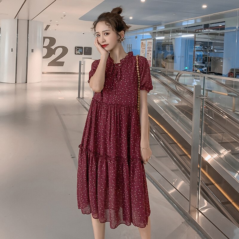 2205 Zomer Koreaanse Mode Moederschap Lange Jurk Zoete Bloemenprint Chiffon Kleding Voor Zwangere Vrouwen Losse Zwangerschap