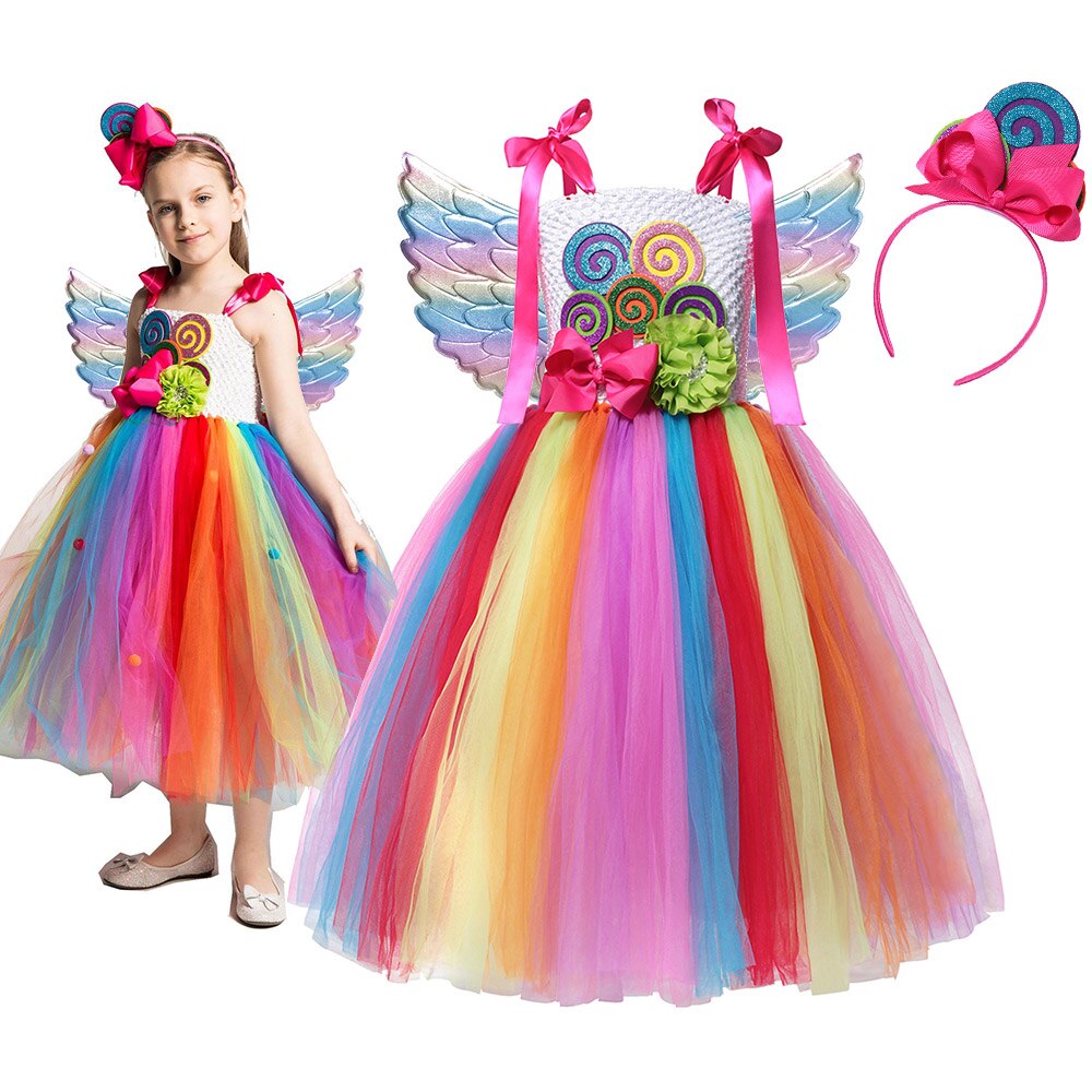 Sweet Candy Girl Clothes Summer Kids Carnival Frock Little Girl Birthday Fancy Rainbow Tutu Dress with Hairband Child Party Gown