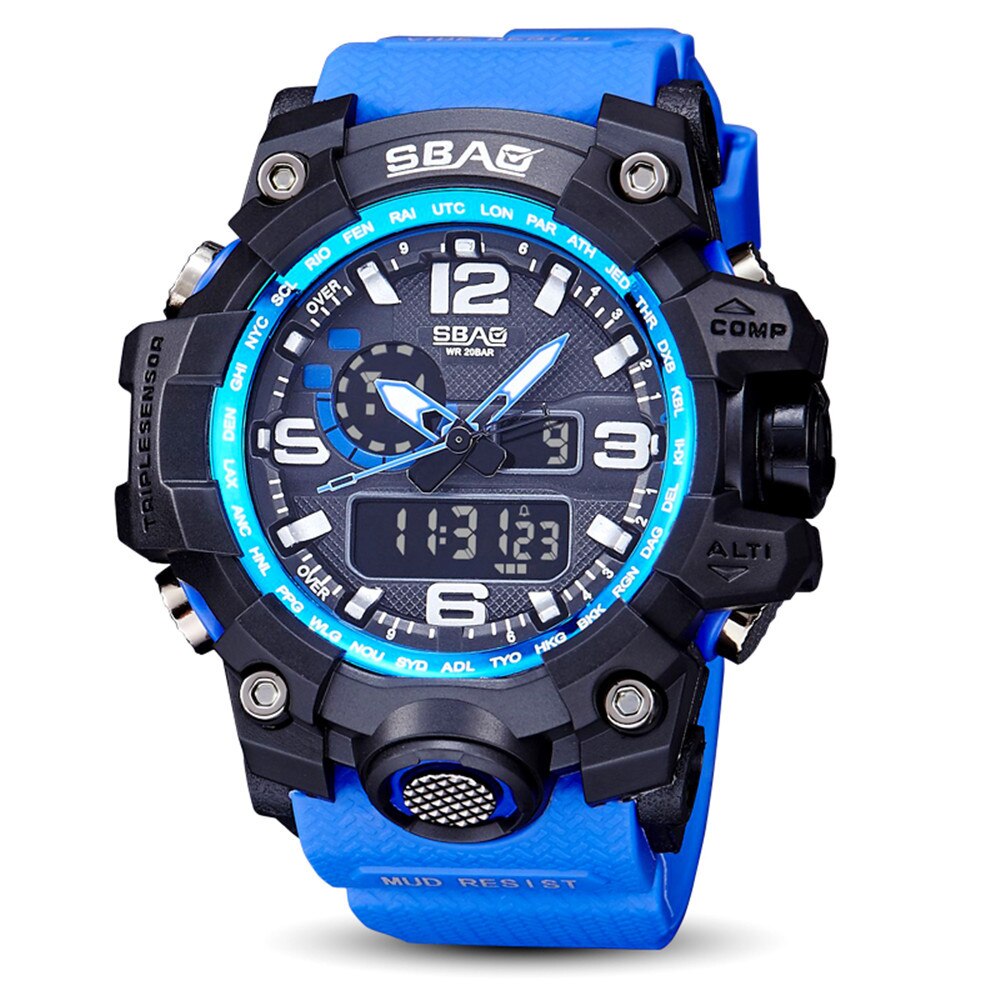 Luxury Electronic Watch Men LED Digital Outdoor Sports 3Bar Waterproof Multi-Function Наручные часы Sports Shock Wrist Watches: Blue