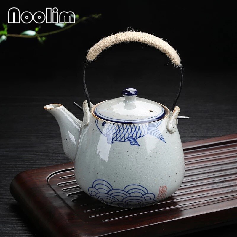 Théière en céramique peinte à la main, grande théière rétro résistante à la chaleur, pour salon de thé, hôtel, ménage, bouilloire en porcelaine, tasse à thé kung fu: Théière-e