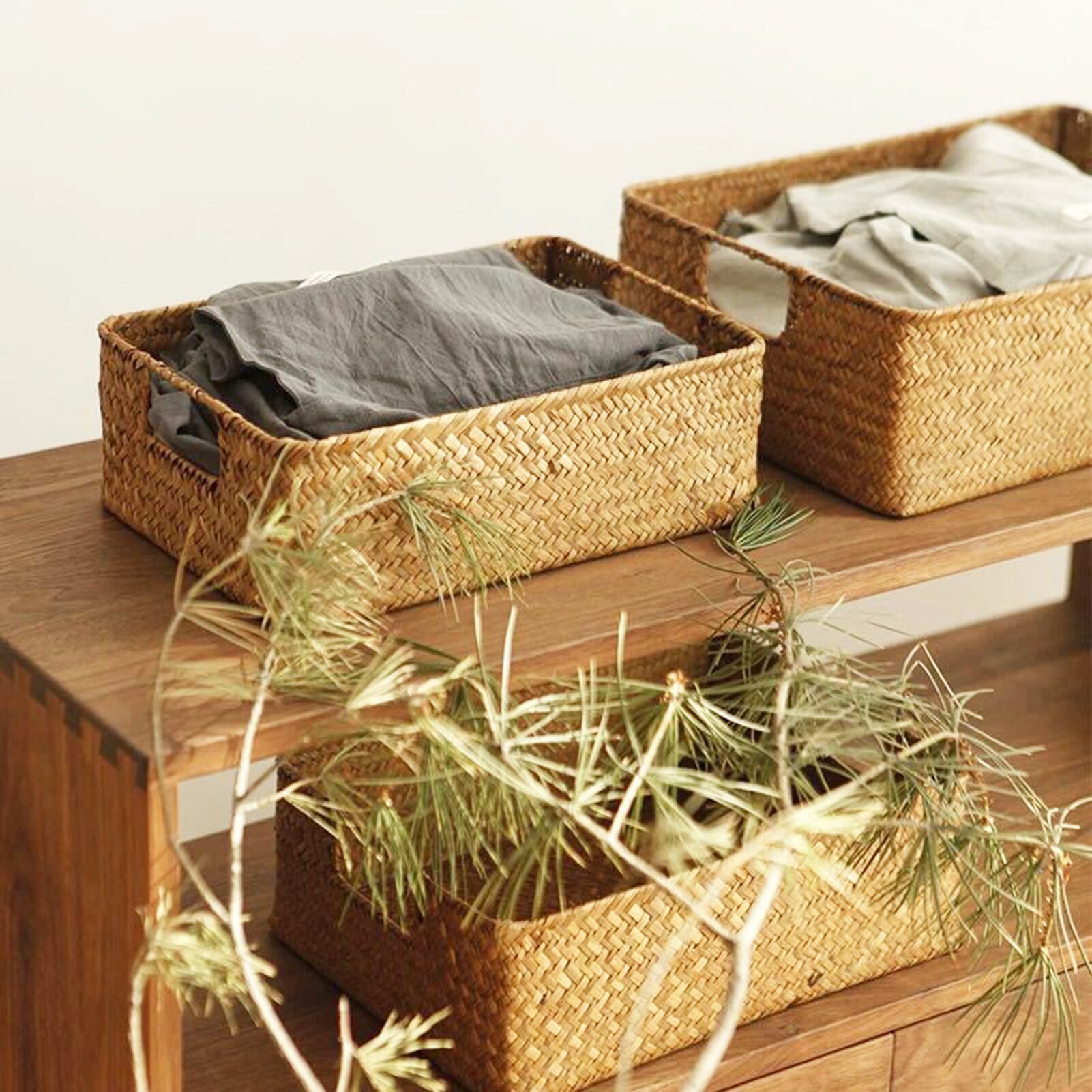 Natural Straw Rectangular Desktop storage basket Wire Handles Decor