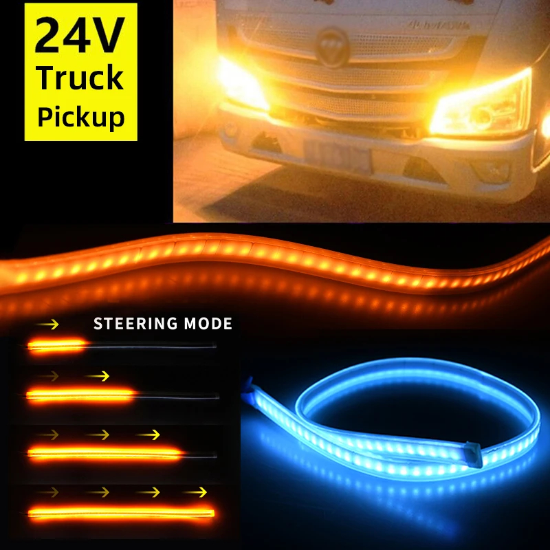 Luces de circulación diurna para camión de 24V, luz LED de intermitente que fluye, luz amarilla, arranque, escaneo dinámico, DRL, faro impermeable para camión