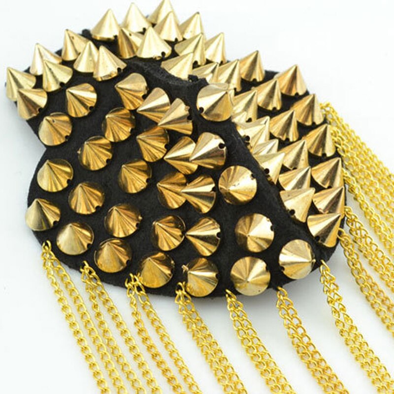 Gothic Punk Rivets Cool Brooch Board Mark Gold Metal Spike Tassel Epaulet Shoulder Unisex Women Men Costume Jewelry: gold